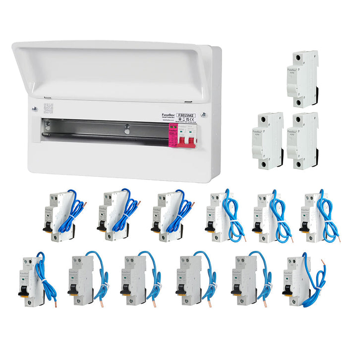 FuseBox F3015MZ 15 Way T2 SPD Consumer Unit + 12 Type A Bi-Directional Mini RCBOs & 3x FREE DIN Rail Blanks