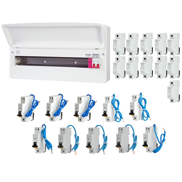 FuseBox F3021MZ 21 Way T2 SPD Consumer Unit + 10 Type A Bi-Directional Mini RCBOs & 11x FREE DIN Rail Blanks