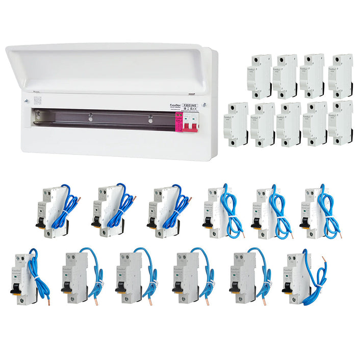 FuseBox F3021MZ 21 Way T2 SPD Consumer Unit + 12 Type A Bi-Directional Mini RCBOs & 9x FREE DIN Rail Blanks