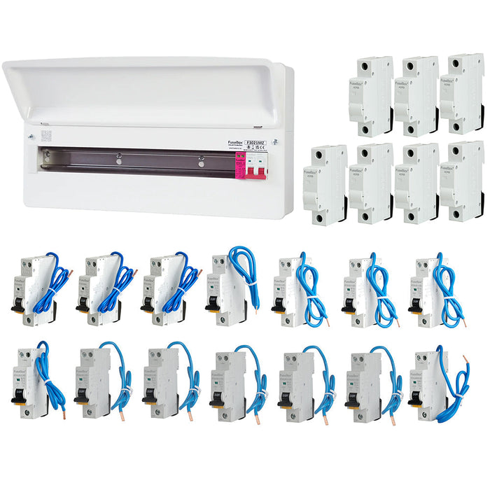 FuseBox F3021MZ 21 Way T2 SPD Consumer Unit + 14 Type A Bi-Directional Mini RCBOs & 7x FREE DIN Rail Blanks