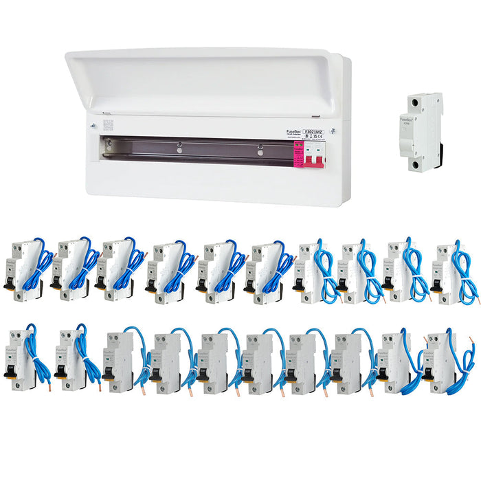 FuseBox F3021MZ 21 Way T2 SPD Consumer Unit + 20 Type A Bi-Directional Mini RCBOs & 1x FREE DIN Rail Blanks