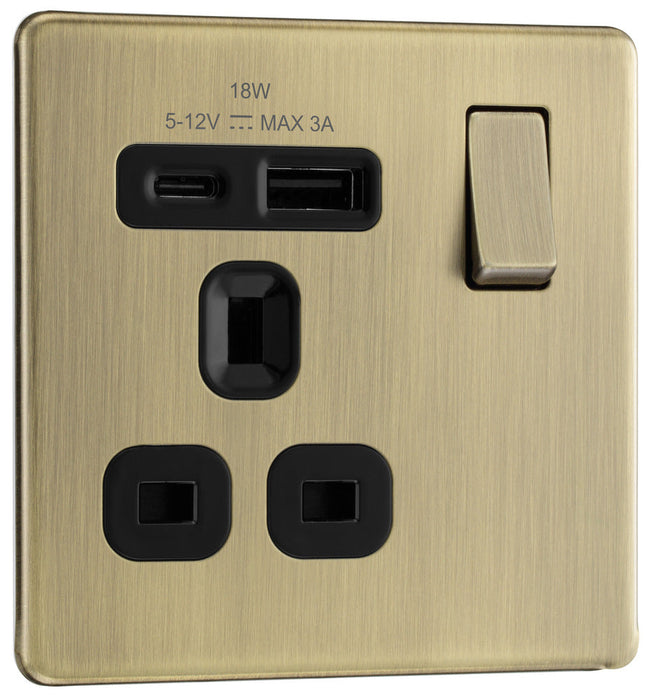 BG FAB21UAC18B Flatplate Screwless 13A Single Switched Power Socket + USB A+C (18W) - Antique Brass + Black Insert