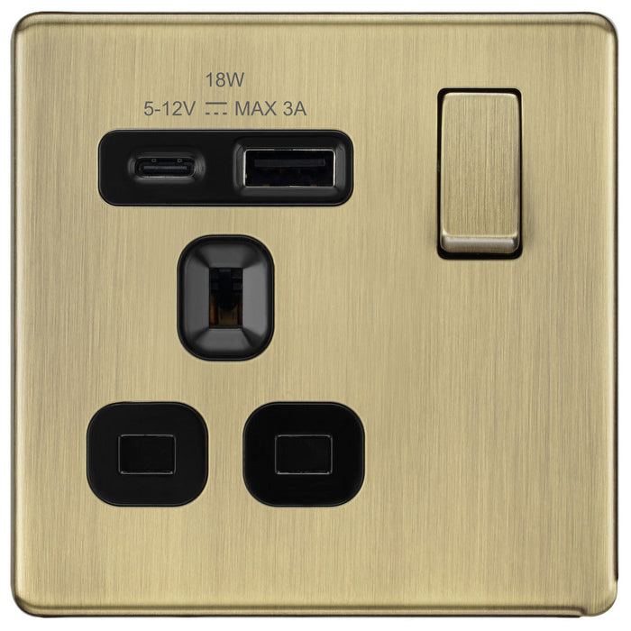 BG FAB21UAC18B Flatplate Screwless 13A Single Switched Power Socket + USB A+C (18W) - Antique Brass + Black Insert