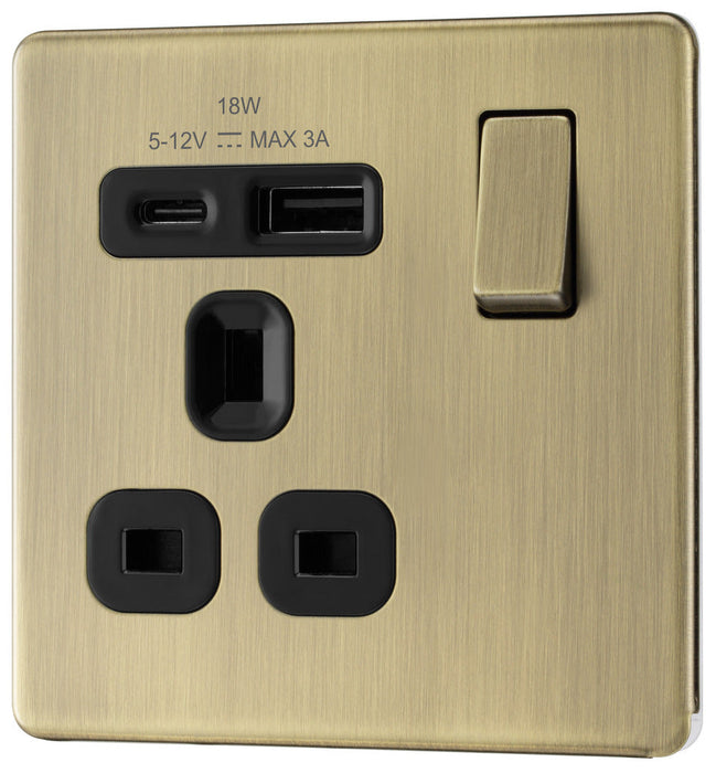BG FAB21UAC18B Flatplate Screwless 13A Single Switched Power Socket + USB A+C (18W) - Antique Brass + Black Insert