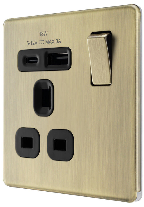 BG FAB21UAC18B Flatplate Screwless 13A Single Switched Power Socket + USB A+C (18W) - Antique Brass + Black Insert