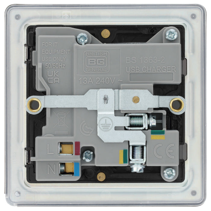 BG FAB21UAC18B Flatplate Screwless 13A Single Switched Power Socket + USB A+C (18W) - Antique Brass + Black Insert