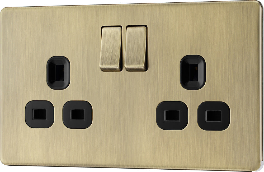 BG FAB22B Flatplate Screwless Double Socket 13A - Antique Brass + Black Insert