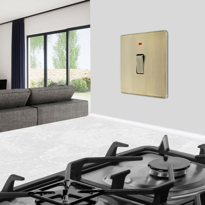 BG FAB31 Flatplate Screwless 20A DP Switch + Neon - Antique Brass