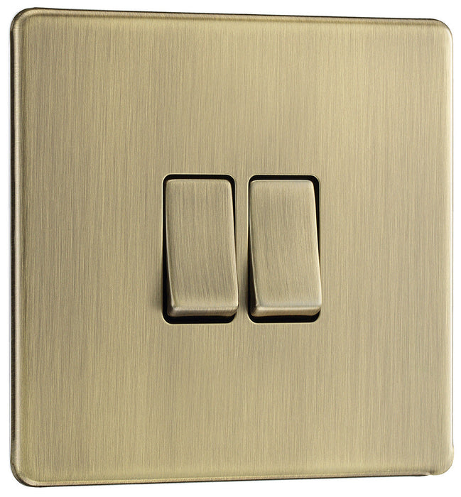 BG FAB42 Flatplate Screwless 20A 16AX 2 Way Double Light Switch - Antique Brass