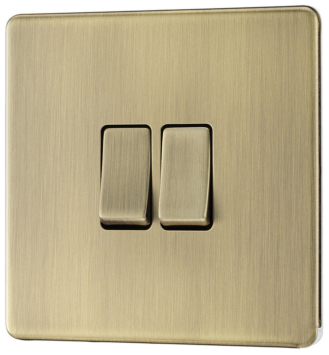 BG FAB42 Flatplate Screwless 20A 16AX 2 Way Double Light Switch - Antique Brass