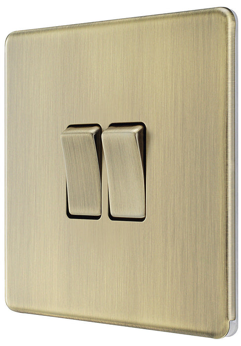 BG FAB42 Flatplate Screwless 20A 16AX 2 Way Double Light Switch - Antique Brass