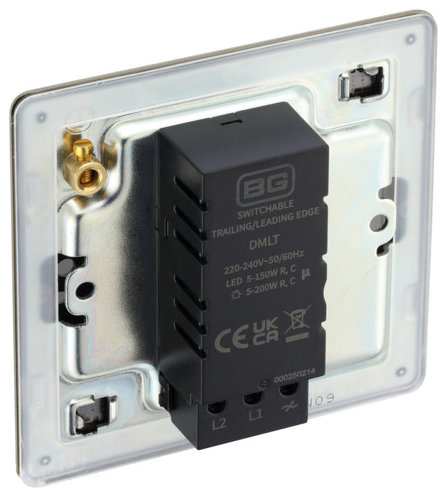BG FAB81 Flatplate Screwless 2-Way Single Trailing Edge Dimmer Push On/Off - Antique Brass