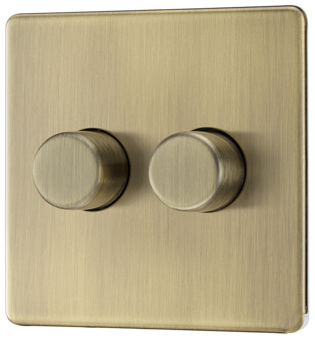BG FAB82 Flatplate Screwless 2-Way Double Trailing Edge Dimmer Push On/Off - Antique Brass
