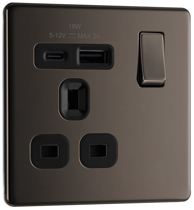 BG FBN21UAC18B Flatplate Screwless 13A Single Switched Power Socket + USB A+C (18W) - Black Nickel + Black Insert