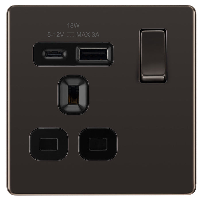 BG FBN21UAC18B Flatplate Screwless 13A Single Switched Power Socket + USB A+C (18W) - Black Nickel + Black Insert