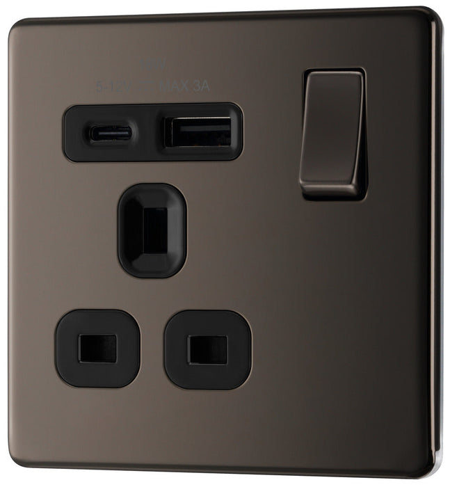 BG FBN21UAC18B Flatplate Screwless 13A Single Switched Power Socket + USB A+C (18W) - Black Nickel + Black Insert