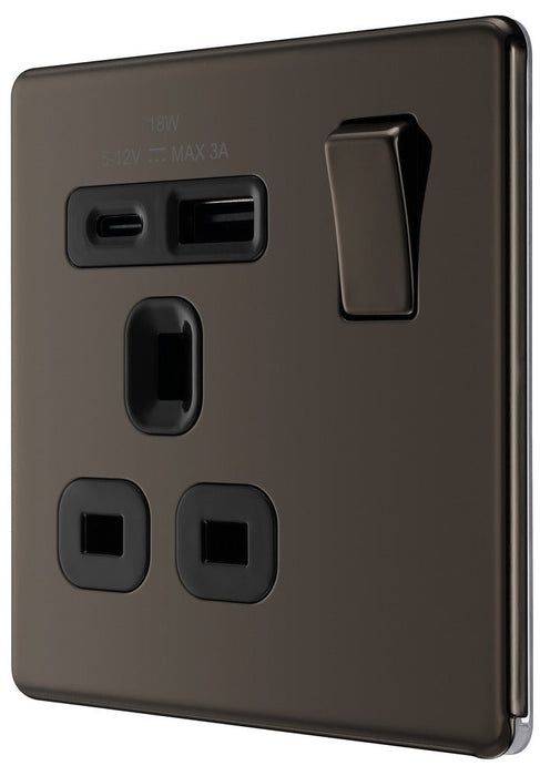 BG FBN21UAC18B Flatplate Screwless 13A Single Switched Power Socket + USB A+C (18W) - Black Nickel + Black Insert