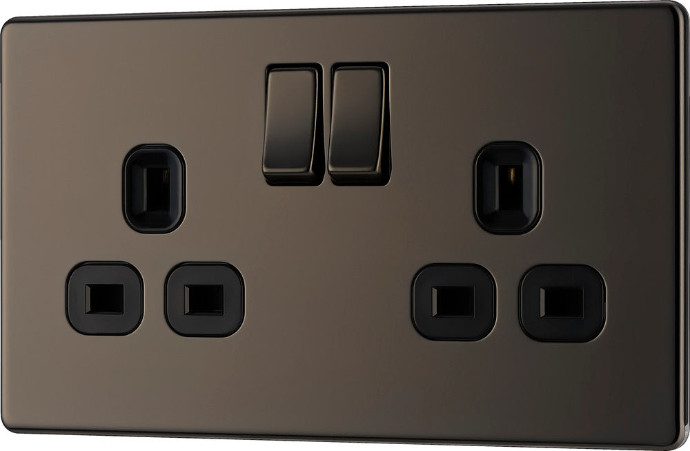 BG FBN22B Flatplate Screwless Double Socket 13A - Black Insert - Black Nickel (5 Pack) - westbasedirect.com