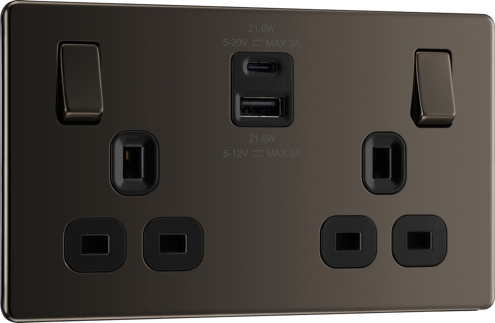 BG FBN22UAC22B Flatplate Screwless 13A Double Switched Power Socket + USB A+C (22W) - Black Nickel + Black Insert - westbasedirect.com