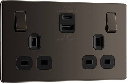 BG FBN22UAC22B Flatplate Screwless 13A Double Switched Power Socket + USB A+C (22W) - Black Nickel + Black Insert - westbasedirect.com