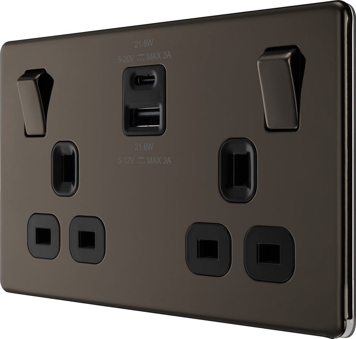 BG FBN22UAC22B Flatplate Screwless 13A Double Switched Power Socket + USB A+C (22W) - Black Nickel + Black Insert - westbasedirect.com