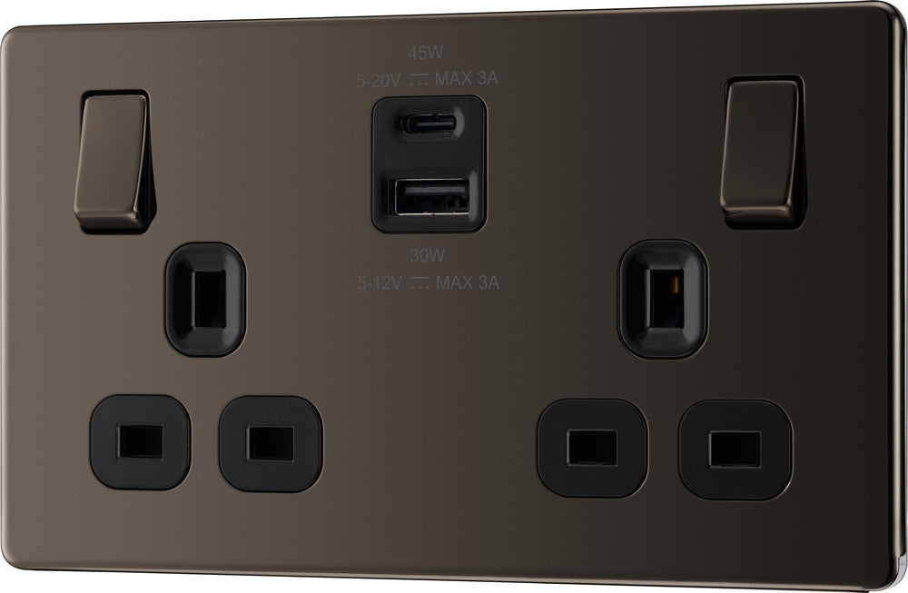 BG FBN22UAC45B Flatplate Screwless 13A Double Switched Power Socket + USB A+C (45W) - Black Nickel + Black Insert - westbasedirect.com