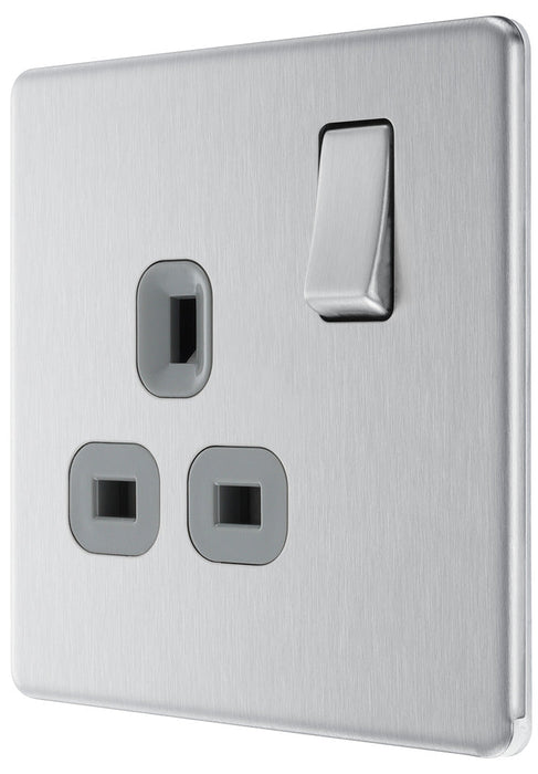 BG FBS21G Flatplate Screwless Single Socket 13A - Grey Insert - Brushed Steel (5 Pack) - westbasedirect.com