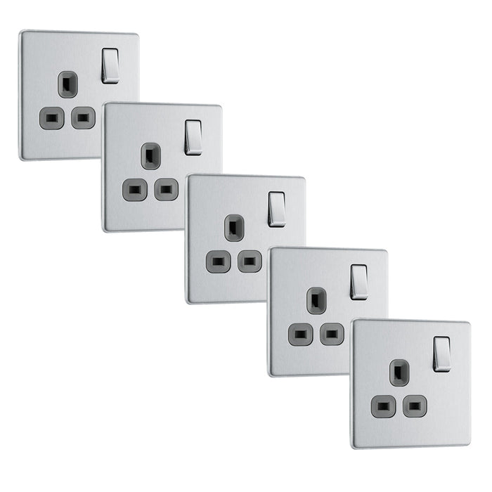 BG FBS21G Flatplate Screwless Single Socket 13A - Grey Insert - Brushed Steel (5 Pack) - westbasedirect.com