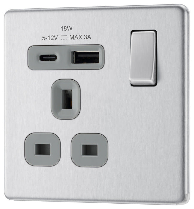 BG FBS21UAC18G Flatplate Screwless 13A Single Switched Power Socket + USB A+C (18W) - Brushed Steel + Grey Insert