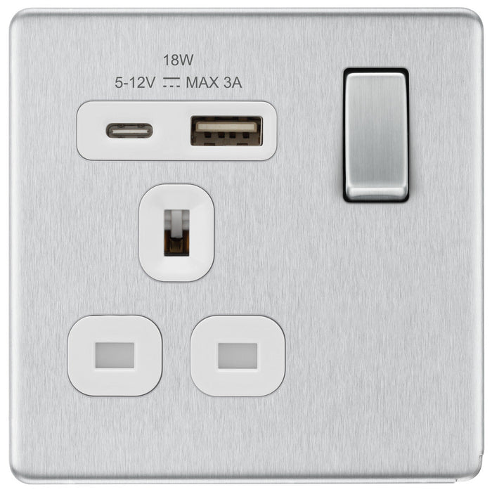 BG FBS21UAC18W Flatplate Screwless 13A Single Switched Power Socket + USB A+C (18W) - Brushed Steel + White Insert