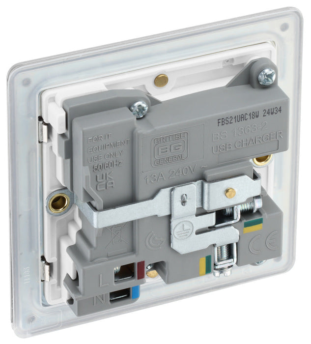 BG FBS21UAC18W Flatplate Screwless 13A Single Switched Power Socket + USB A+C (18W) - Brushed Steel + White Insert