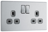 BG FBS22G Flatplate Screwless Double Socket 13A - Grey Insert - Brushed Steel