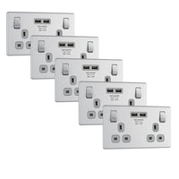 BG FBS22U3Gx5 Flatplate Screwless Double Socket + 2x USB(3.1A) - Grey Insert - Brushed Steel (5 Pack)