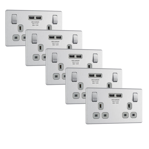 BG FBS22U3G Flatplate Screwless Double Socket + 2x USB(3.1A) - Grey Insert - Brushed Steel (5 Pack) - westbasedirect.com