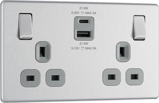 BG FBS22UAC22G Flatplate Screwless 13A Double Switched Power Socket + USB A+C (22W) - Brushed Steel + Grey Insert - westbasedirect.com