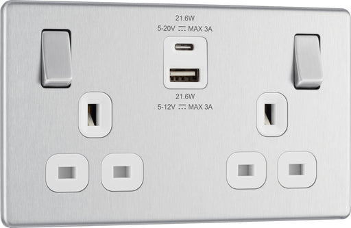 BG FBS22UAC22W Flatplate Screwless 13A Double Switched Power Socket + USB A+C (22W) - Brushed Steel + White Insert - westbasedirect.com