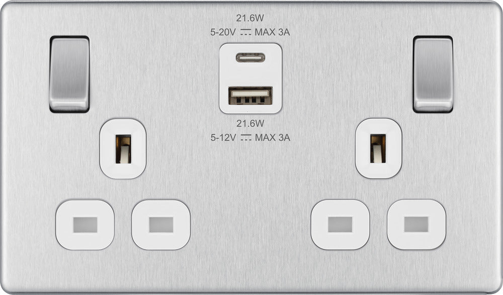 BG FBS22UAC22W Flatplate Screwless 13A Double Switched Power Socket + USB A+C (22W) - Brushed Steel + White Insert - westbasedirect.com