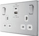 BG FBS22UAC22W Flatplate Screwless 13A Double Switched Power Socket + USB A+C (22W) - Brushed Steel + White Insert - westbasedirect.com