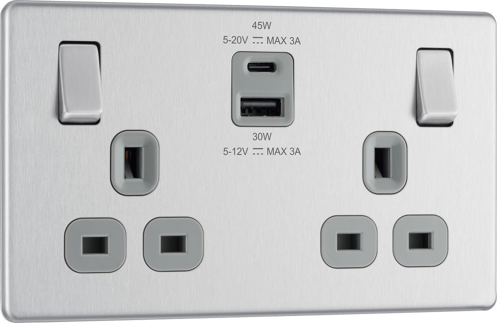 BG FBS22UAC45G Flatplate Screwless 13A Double Switched Power Socket + USB A+C (45W) - Brushed Steel + Grey Insert - westbasedirect.com