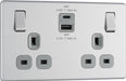 BG FBS22UAC45G Flatplate Screwless 13A Double Switched Power Socket + USB A+C (45W) - Brushed Steel + Grey Insert - westbasedirect.com