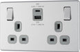 BG FBS22UAC45G Flatplate Screwless 13A Double Switched Power Socket + USB A+C (45W) - Brushed Steel + Grey Insert - westbasedirect.com