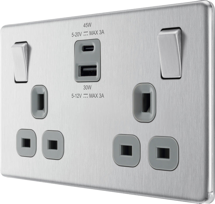 BG FBS22UAC45G Flatplate Screwless 13A Double Switched Power Socket + USB A+C (45W) - Brushed Steel + Grey Insert - westbasedirect.com