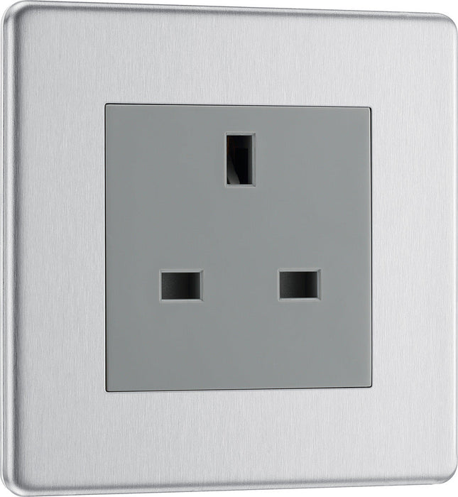 BG FBS23G Flatplate Screwless 1G 13A Unswitched Socket - Grey Insert - Brushed Steel - westbasedirect.com