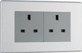 BG FBS24G Flatplate Screwless 2G 13A Unswitched Socket - Grey Insert - Brushed Steel - westbasedirect.com