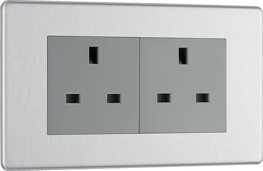 BG FBS24G Flatplate Screwless 2G 13A Unswitched Socket - Grey Insert - Brushed Steel - westbasedirect.com