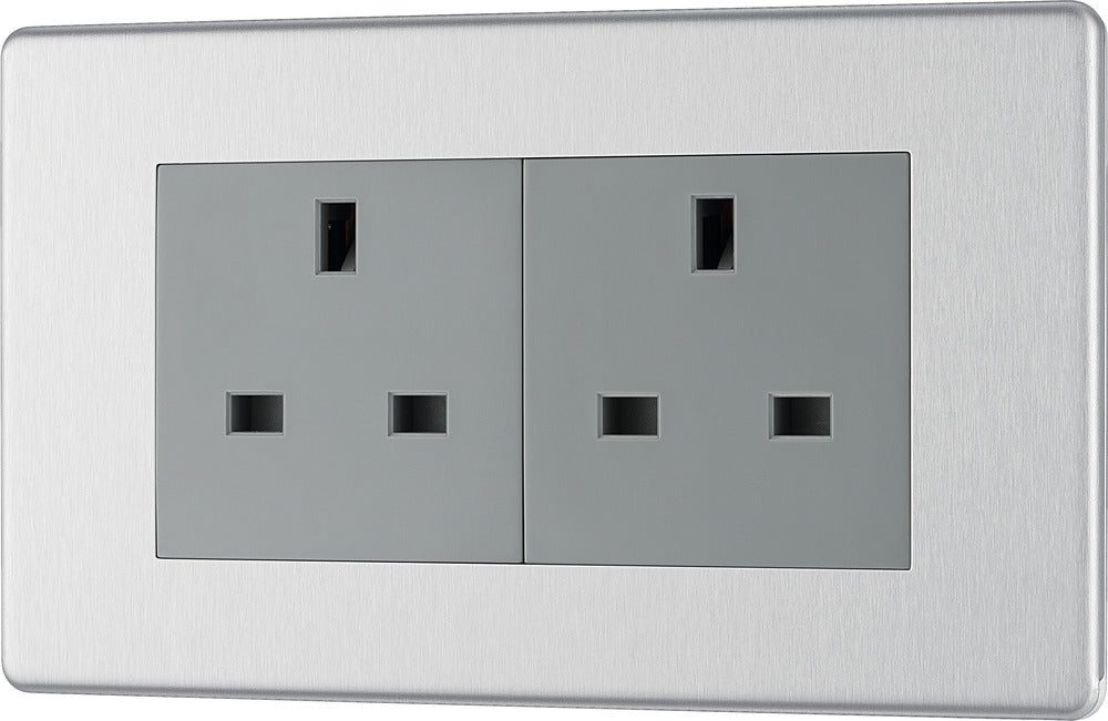 BG FBS24G Flatplate Screwless 2G 13A Unswitched Socket - Grey Insert - Brushed Steel - westbasedirect.com