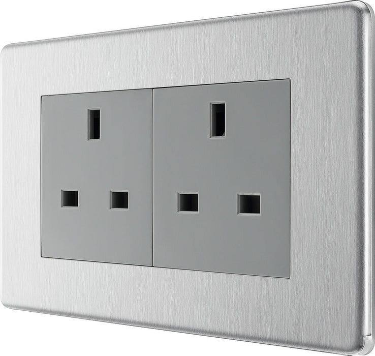 BG FBS24G Flatplate Screwless 2G 13A Unswitched Socket - Grey Insert - Brushed Steel - westbasedirect.com