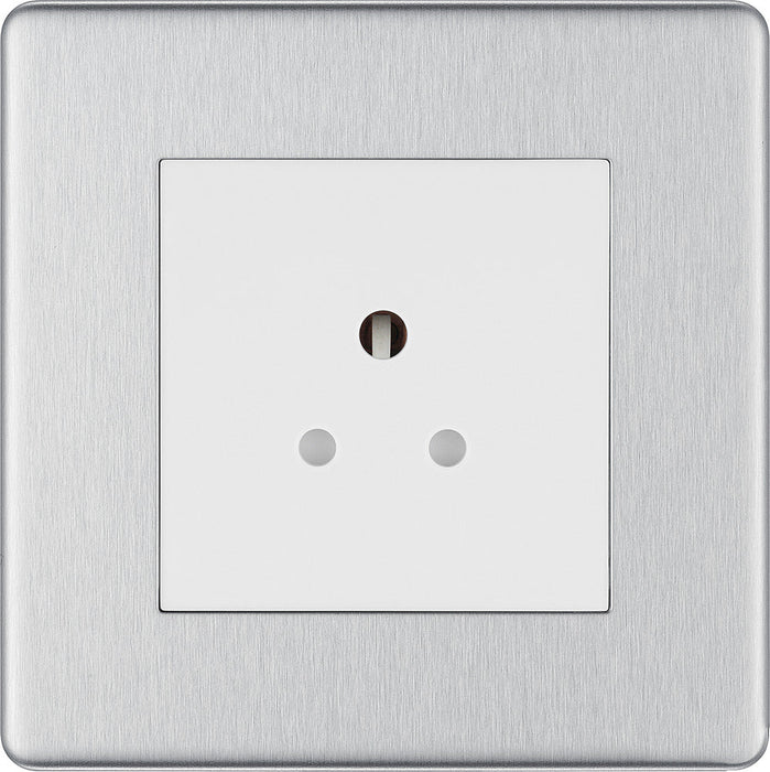 BG FBS28W Flatplate Screwless Unswitched Round Pin Socket 2A - White Insert - Brushed Steel - westbasedirect.com