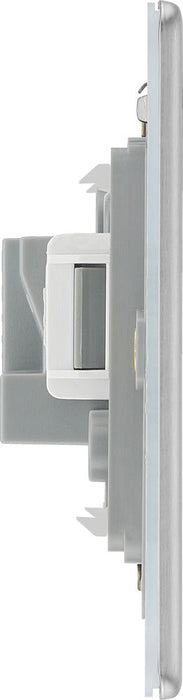 BG FBS28W Flatplate Screwless Unswitched Round Pin Socket 2A - White Insert - Brushed Steel - westbasedirect.com