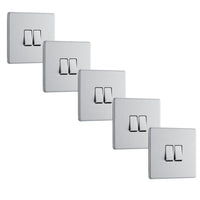 BG FBS42x5 Flatplate Screwless 20A 16AX 2 Way Double Light Switch - Brushed Steel (5 Pack)